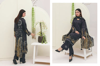 Premium Slub Linen Embroidered 3 Piece Suit with Chikankari Neckline & Daman - 009 - View 3