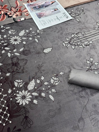 Premium Slub Linen Embroidered 3 Piece Suit with Chikankari Neckline & Daman - 009 - View 3