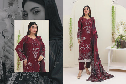Premium Slub Linen Embroidered 3 Piece Suit with Chikankari Neckline & Daman - 010 - View 1
