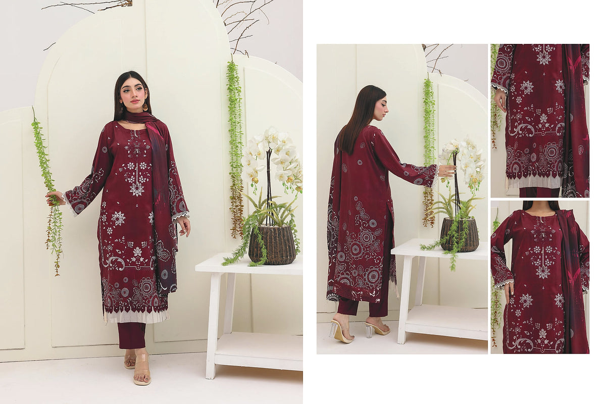 Premium Slub Linen Embroidered 3 Piece Suit with Chikankari Neckline & Daman - 010 - View 2