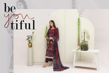 Premium Slub Linen Embroidered 3 Piece Suit with Chikankari Neckline & Daman - 010 - View 3