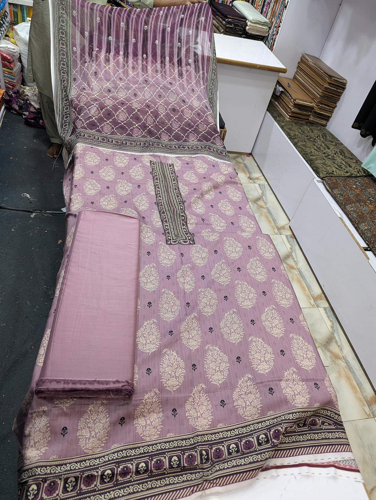 Premium Viscose 3 Piece Suit with Pure Bamber Chiffon Dupatta – Shirt & Trouser - 011 - View 2